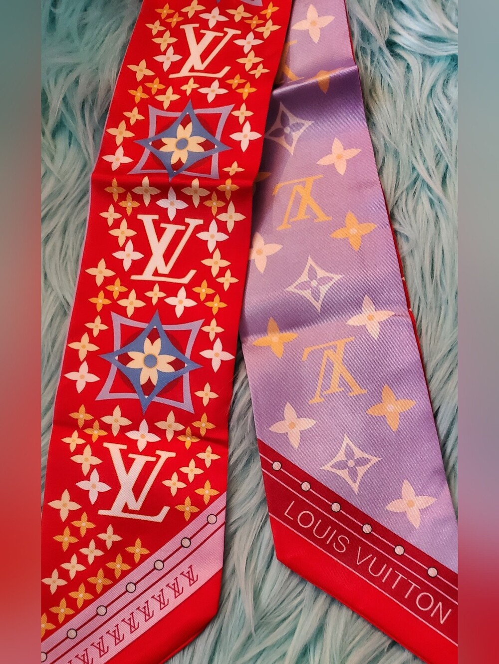 100% Silk Lavender And Red Bag Twilly, Scarf, Hairtie